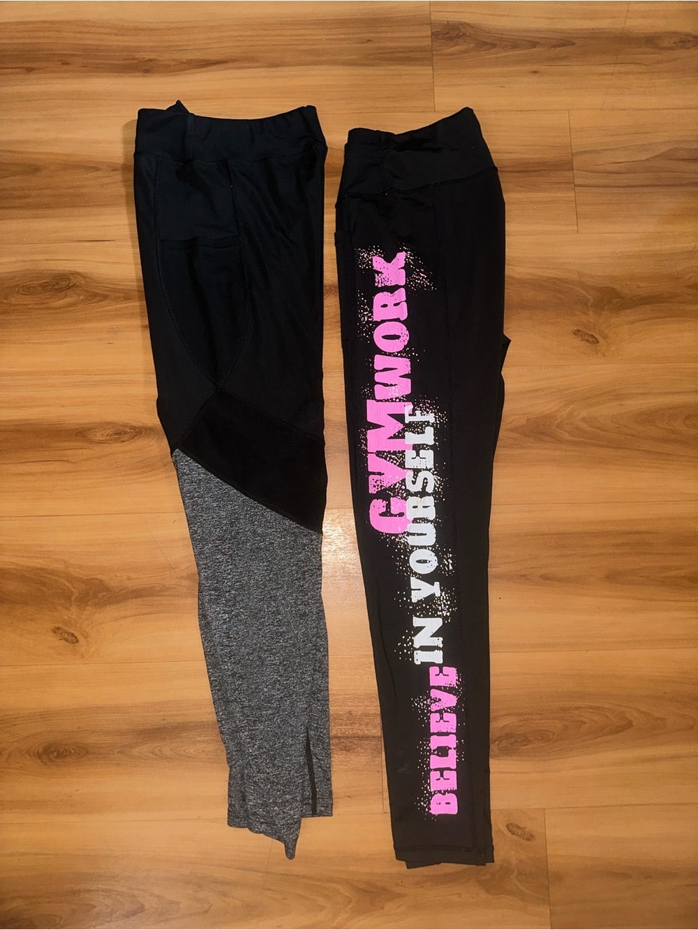 High waisted Women’s Black & Gray Fitness Leggings with Pink Graphic